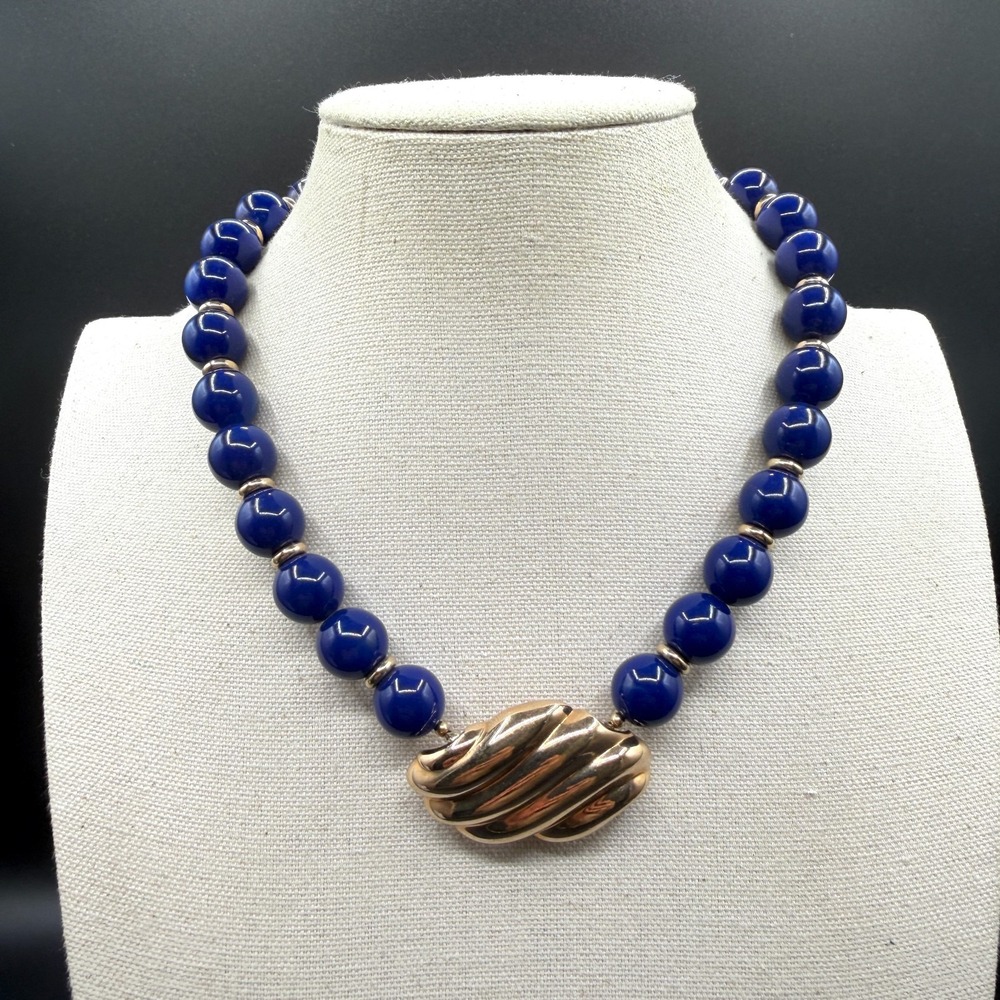 Avon Cobalt Blue Beaded Necklace Gold Tone Ribbed Pendant Statement Jewelry